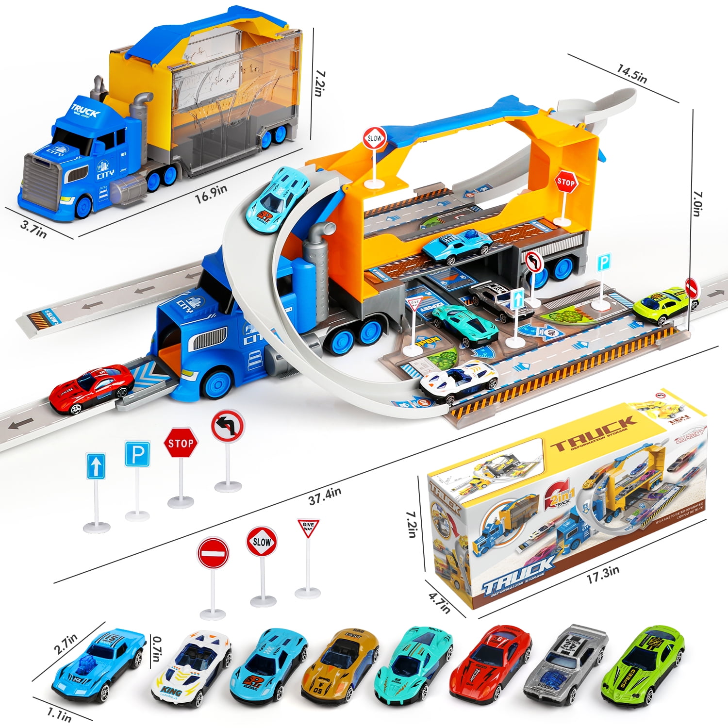 Huge Wave Carrier Truck Race Track Toys for Kids, 2 in1 Transport Trucks Set W/Track & 8 Race Cars, Racing Toys for 3-8 Years Old Boys Kids Toddler Car Set Gifts for Boys and Girls(Blue)