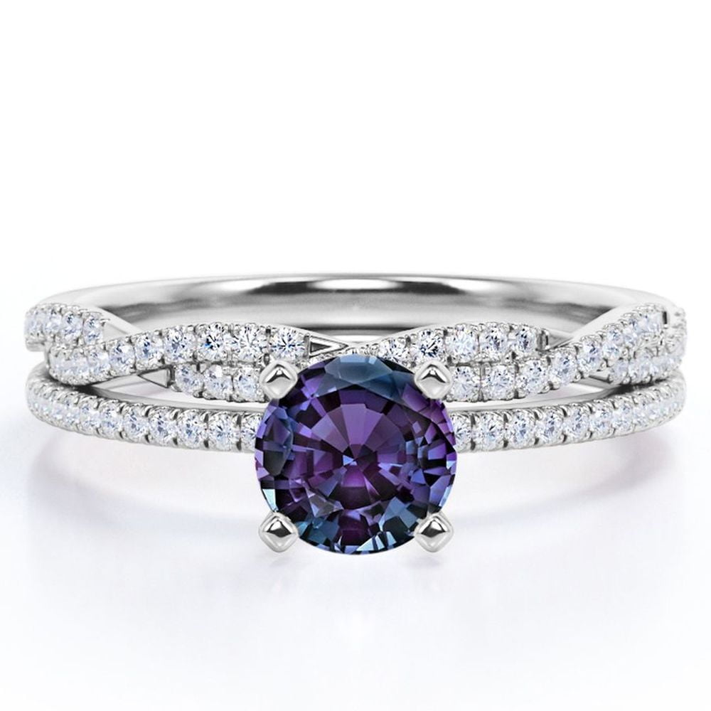 JeenMata Four-Prong Setting 1.5 Round Cut Lab Created Alexandrite and Moissanite Pave Infinity Twisted Band Bridal Set in 18K White Gold Plating over Silver