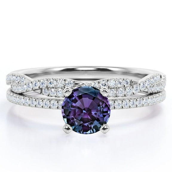 JeenMata Four-Prong Setting 1.5 Round Cut Lab Created Alexandrite and Moissanite Pave Infinity Twisted Band Bridal Set in 18K White Gold Plating over Silver