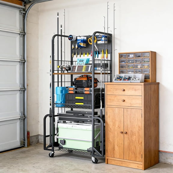 3-Tier Fishing Rod Holder with Pegboard & Lockable Wheels, Holds 10 Rods for Garage Storage Organizer