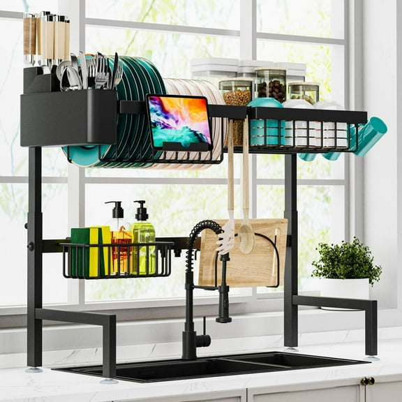 Over The Sink Dish Drying Rack (Expandable Height and Length) Snap-On Design 2 Tier Large Dish Rack (23" - 34" L x 11" W x 19" - 21.5" H)