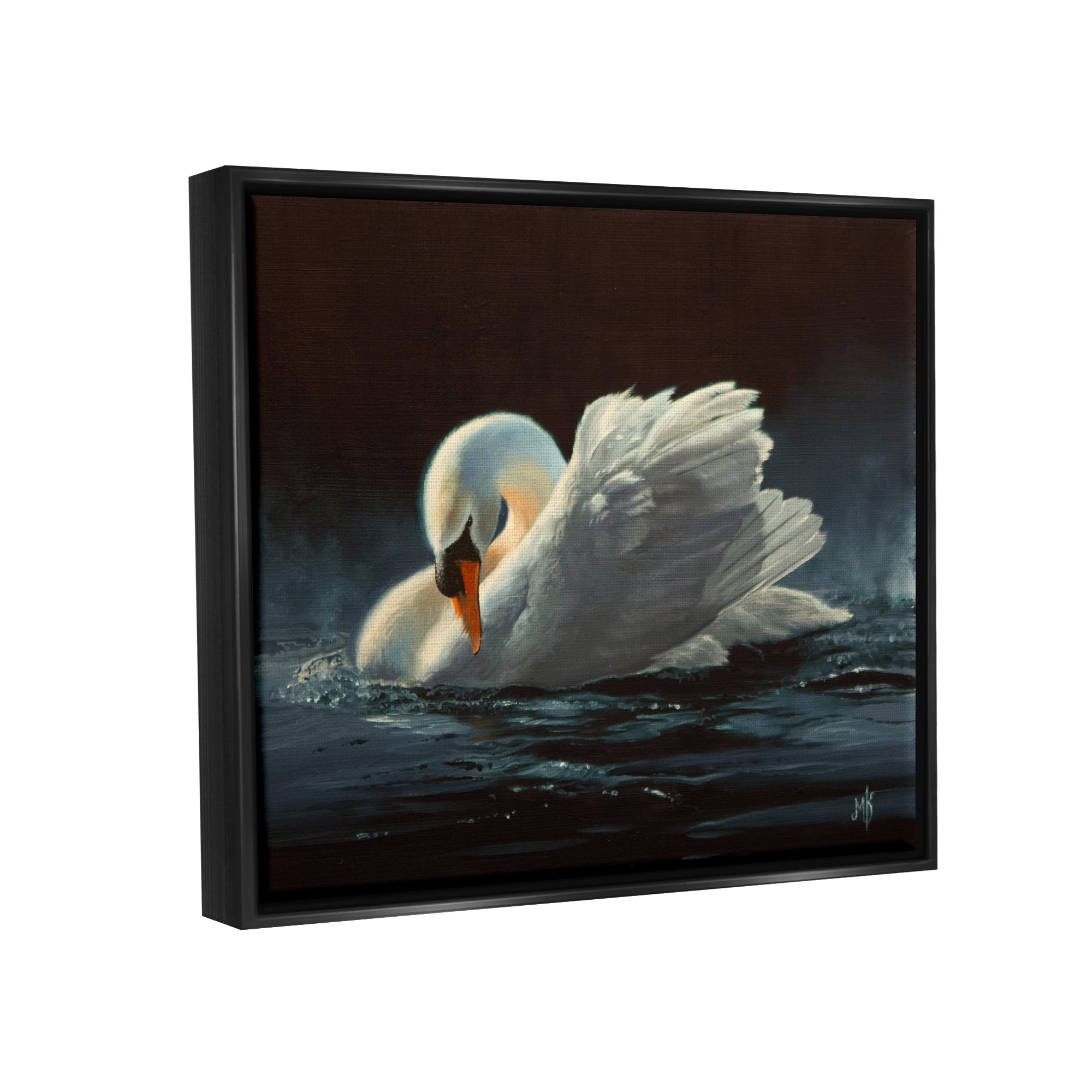 Stupell Industries Moonlit Swan Painting Animals & Insects Painting Black Floater Framed Art Print Wall Art, 21 x 17