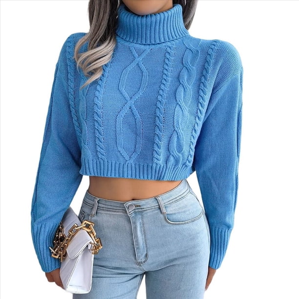 Suéter Corto de Cuello Alto para Mujer, Suéter de Punto, Jersey de Larga con Cuello Redondo, Tops. Azul M