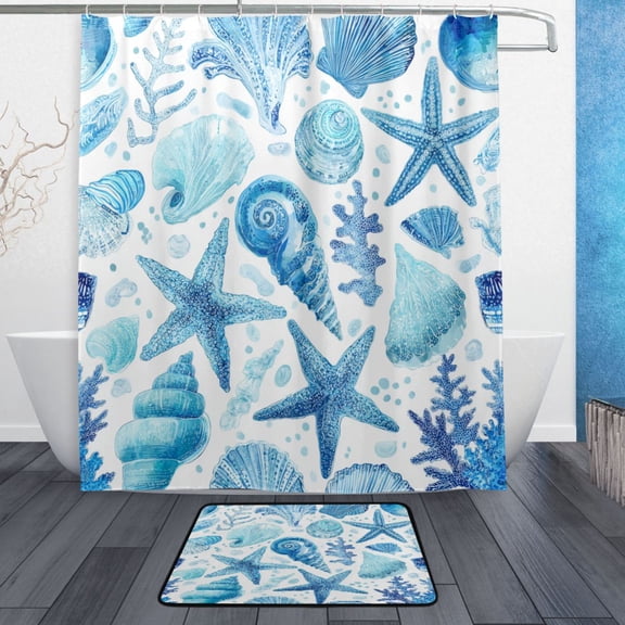 TTYFWHD 60" x 72" Shower Curtain and Bath Mat Set Ocean-inspired Sea Creatures Pattern Waterproof Bathroom Curtain with 12 Hooks, Bathroom Decor Set