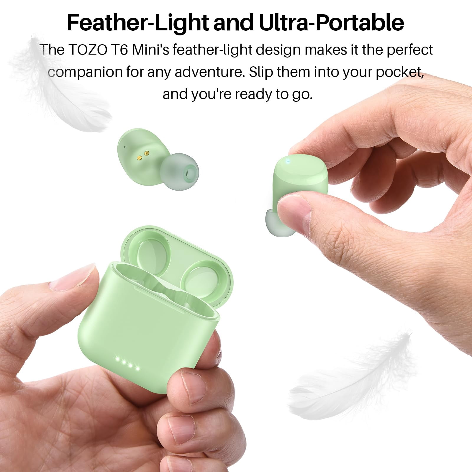 TOZO T6 Bluetooth Headphones Ear Buds Wireless, 50H, AI Chat/Translation/Clear Mics, Stereo Bass, Wireless Charging, App-32EQ, IPX8 Waterproof Headphones, Green