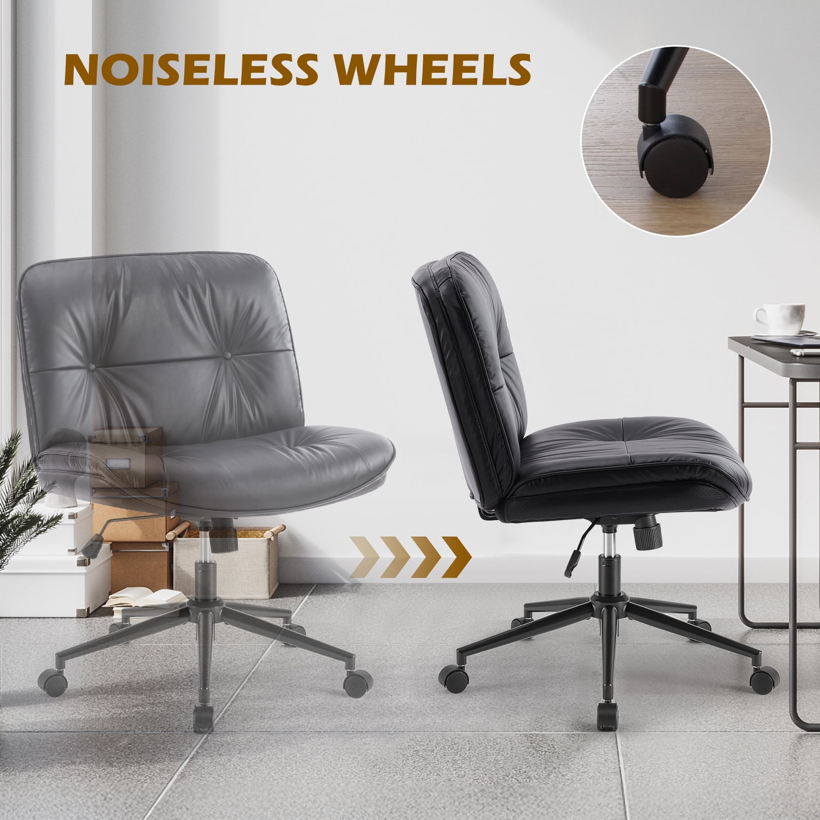 GIANNA Comfy PU Leather Criss Cross Office Chair, Durable and Ergonomic Modern Vanity Chair for Home Office and Study, With Wheels, Black