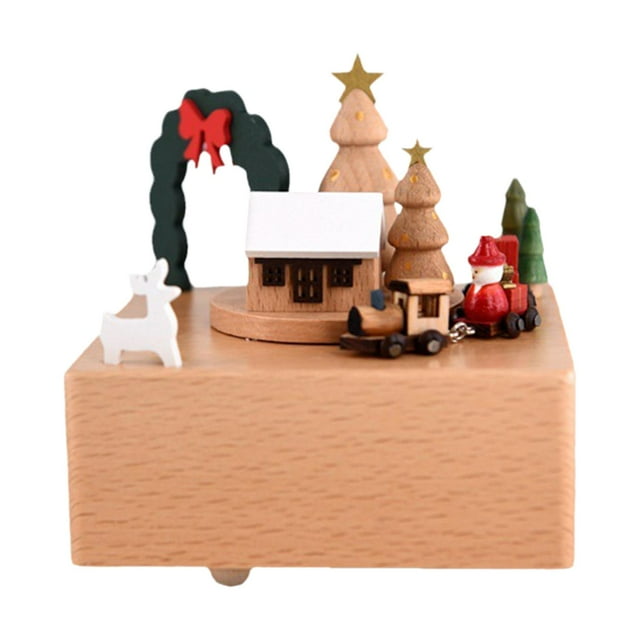 Adorno de caja de música navideña, caja musical de cuerda con melodía, temática navideña árbol de navidad marrón