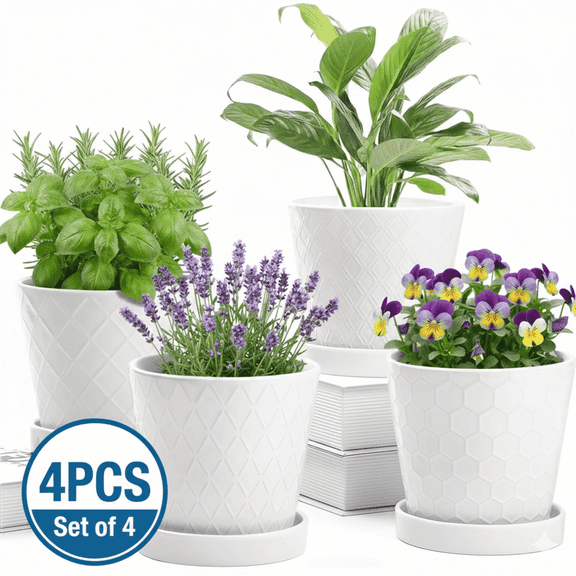 BUYMAX 5" White Ceramic Planters with Drainage Hole and Tray, 4-Pack - Ribbed Modern Farmhouse Decor, Small Flower Pots for Succulents & Cactus, Indoor Desktop Garden Set