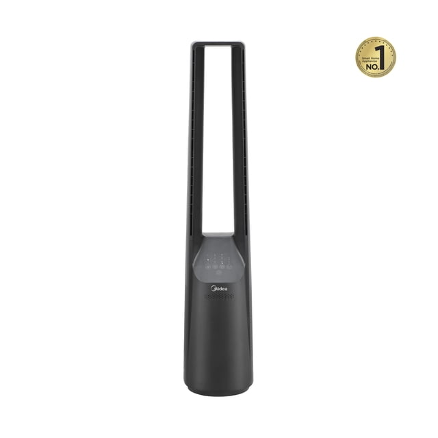 ventilador torre midea mbf40 40 pul sin aspas 6 vel wifi negro, vista frontal centrada de torre sin aspas con base cilíndrica y arco hueco vertical; panel táctil y logotipo Midea visibles, acabado negro mate; incluye funciones en ficha: 6 velocidades y 3 modos (natural, somnoliento, normal), temporizador de 7 h y conexión WiFi para control a distancia; también apto para refrescar zonas de trabajo o equipos electrónicos pequeños.