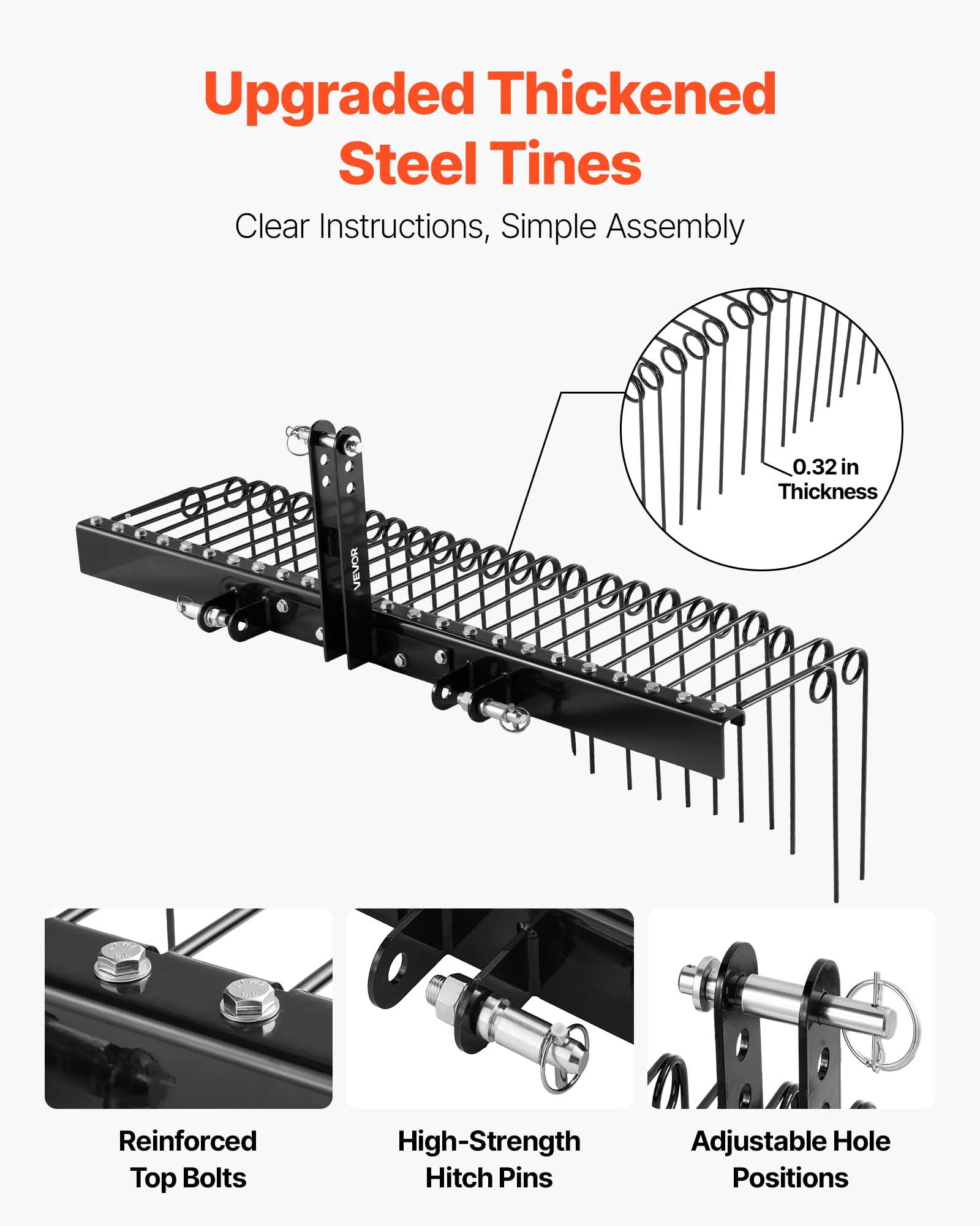 VEVOR 60 in Tow Behind Landscape Rake, 3 Point Hitch Lawn Dethatcher Rake,26 Spring Steel Tines, for Category 1 Tractors, Heavy Duty & Rust-Resistant Rakes Tractor Attachments for Leaves Pine Needles