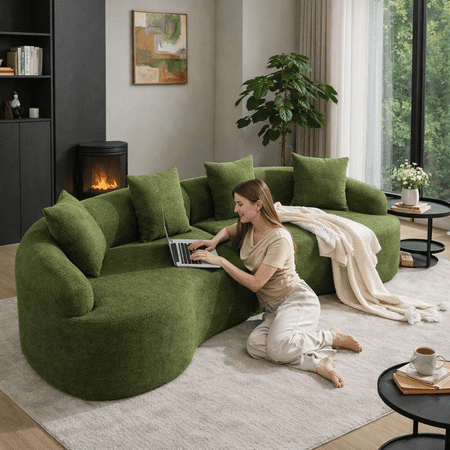 Curved Boneless Sofa,Compression Modular 110'' Sectional,Green High-Density,Couches Sleeper for Living Room Bedroom Apartment Lounge,Chenille