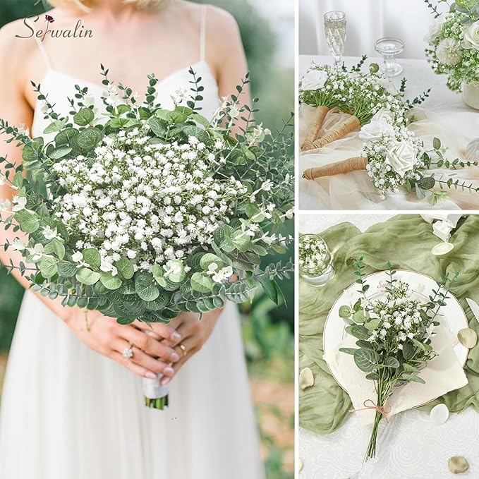 Januofit 100 Pcs Mixed Artificial Eucalyptus Stems,Babys Breath Artificial Flowers Bulk with Faux Eucalyptus Leaves Greenery Stems for Wedding DIY Bouquets Floral Arrangement Home Decor