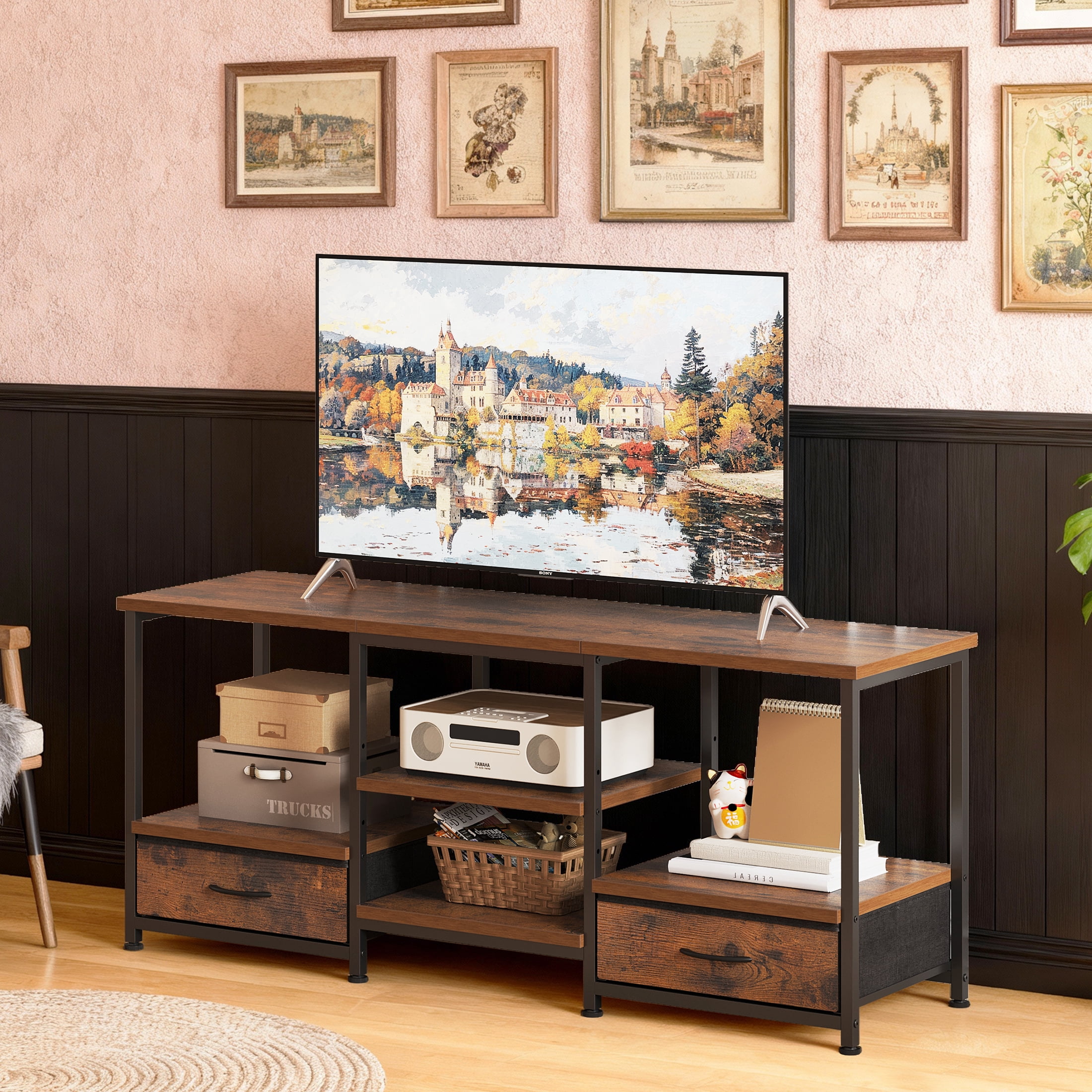 EDX 47-inch TV Stand with Power Outlets,  2 Fabric Drawers,  Entertainment Center Console Table with Adjustable Shevles, for Living Room & Bedroom, Rustic Brown