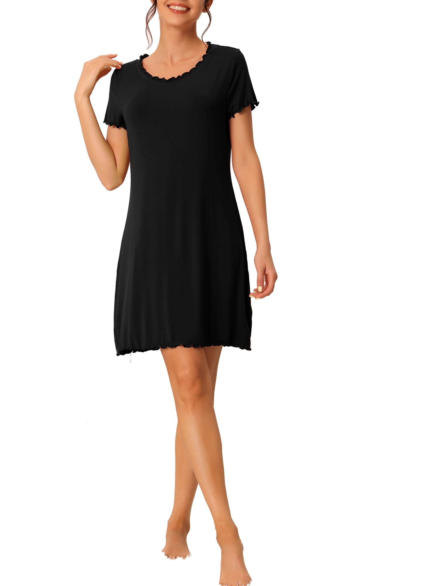 Unique Bargains Womens Sleepshirt Short Sleeve Ruffle Nightgown Loungewear Nightshirts XL Black