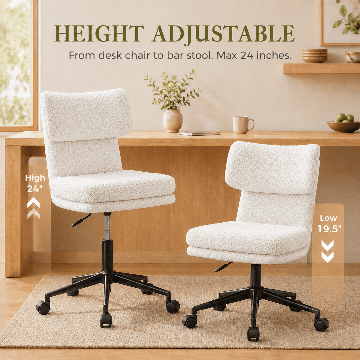 CLOUDREST PRO Mid Back Office Chair with Wheels, Armless Chairs with Adjustable Height, Wider Seat and Backrest, Sherpa Fabric Computer Desk Chair for Bedroom, Living Room,White