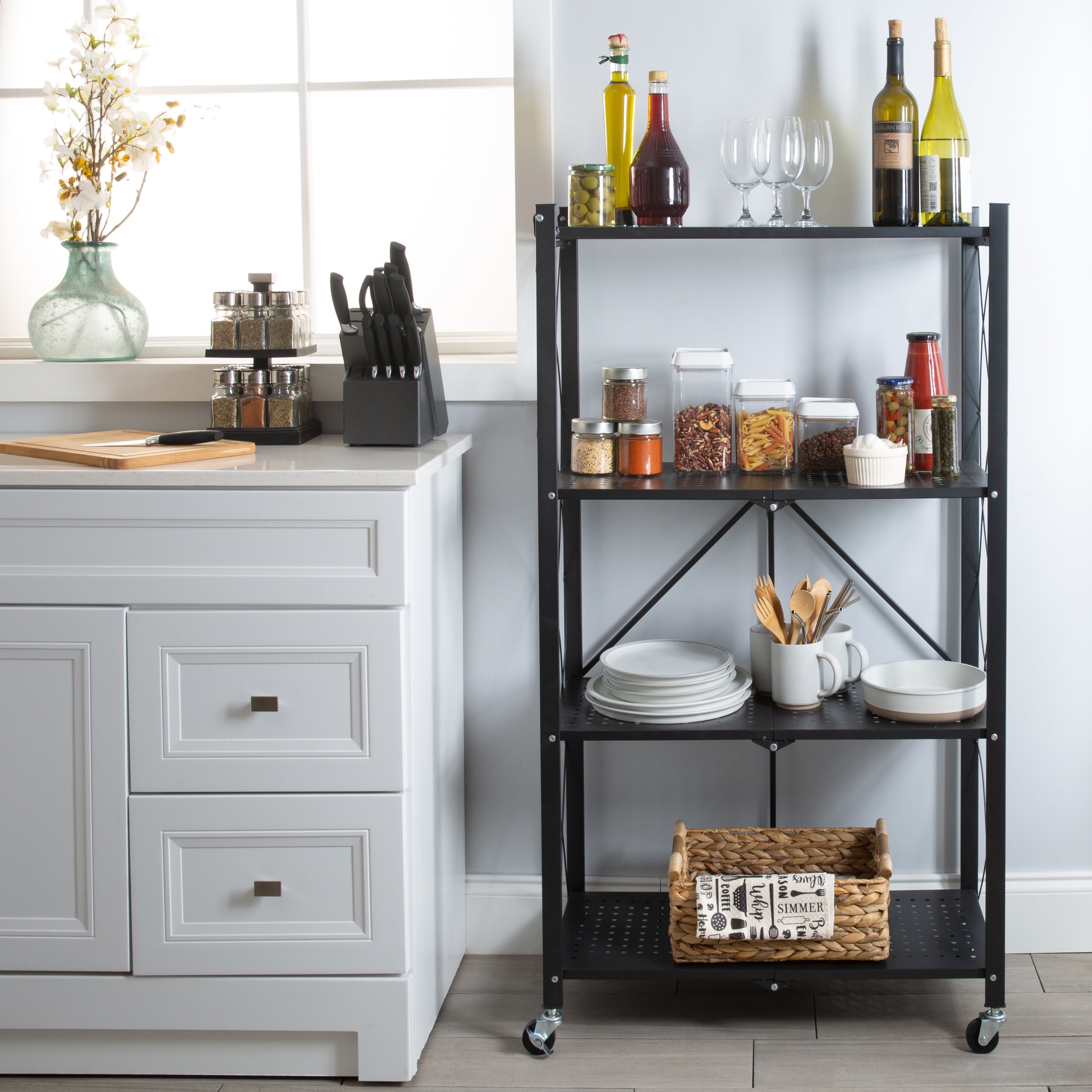 Organize It All 4 Shelf Foldable Metal Storage Shelves, Wheels, Adult, Kitchen, Laundry Room, Black