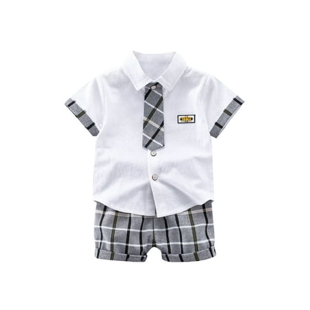 

Boy s Clothing Set Plaid Lapel Short Sleeve T-shirt + Shorts Two-piece Suit