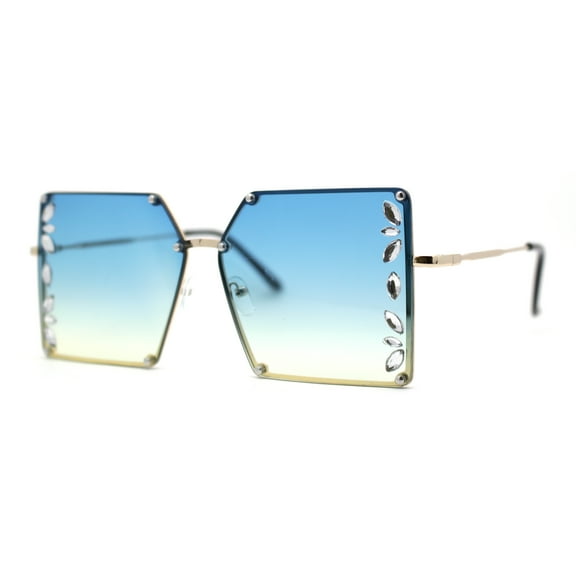 Leaf Rhinestone Rimless Rectangle Square Butterfly Sunglasses Gold Blue Yellow
