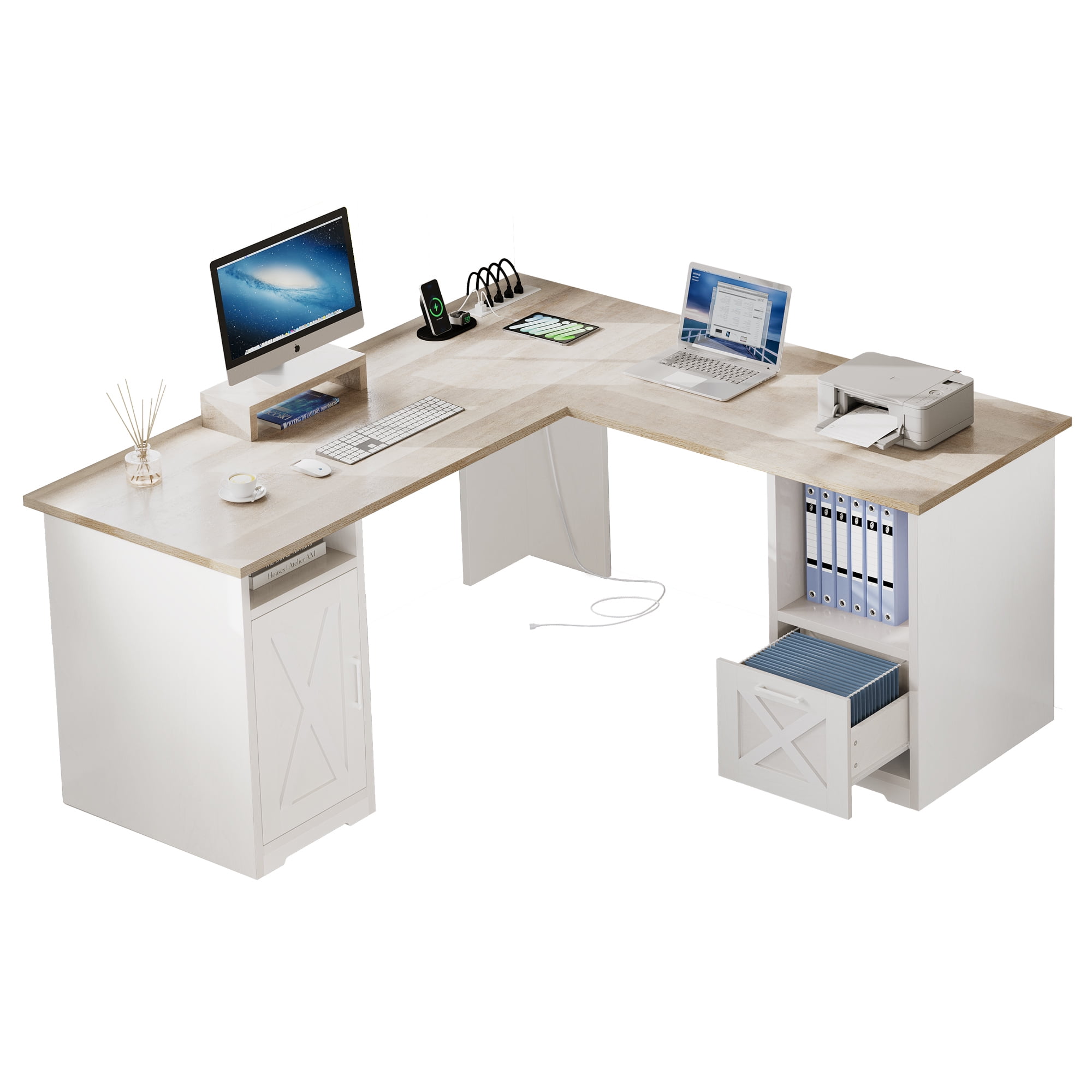 Dextrus 59 inch L-Shaped Desk with Power Outlet & USB Ports, Office Desk with File Cabinets, Large Computer Desk with Drawers, 2 Person Corner Desk Writing Desk with Storage Shelves, Oak & White