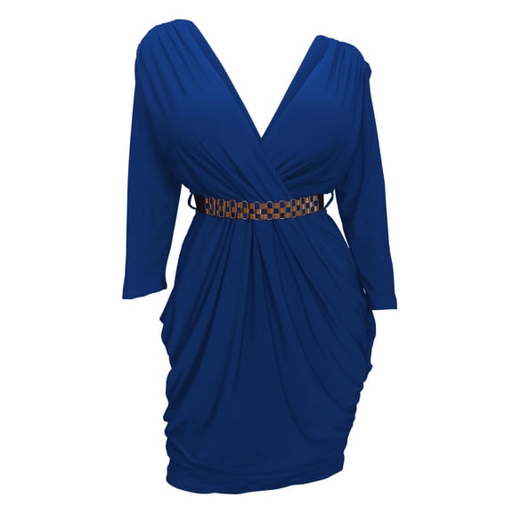 eVogues Plus size Deep V-Neck Wrap Bodice Long Sleeve Dress Royal Blue