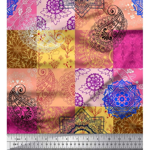 Soimoi Cotton Jersey Fabric Mandala & Paisley Patchwork Print Fabric by the Yard 58 Inch Wide
