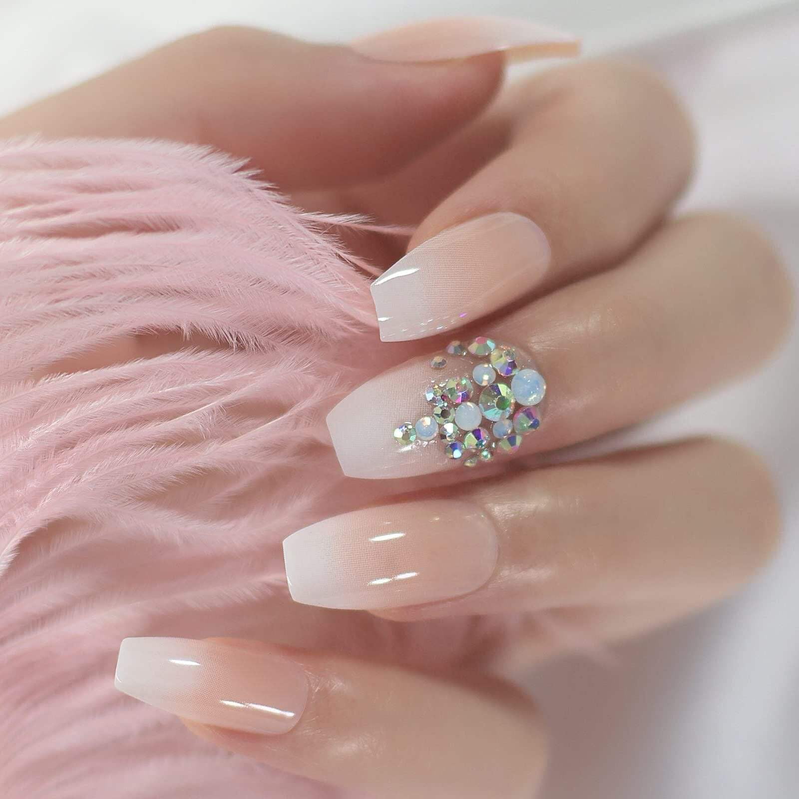 Nude Ombre White French 3D Crystal Press On Nails, Long Coffin Rhinestones Fake Nails Set