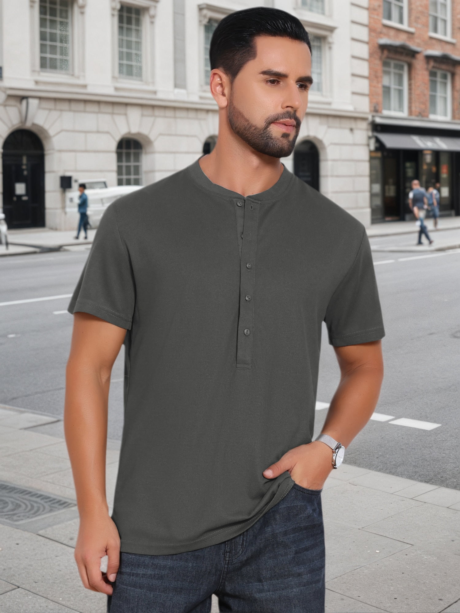 DARING DIVA Men's Henley Breathable Short Sleeve Button Down T-Shirt S Dark Gray