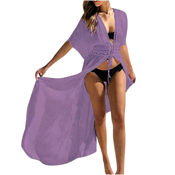 Summer Savings Clearance! PEZHADA Swimsuit Coverup For Women,Women's Fashion Casual Spring And Summer Hollow Out Beach Long Style Cover Ups Purple XL