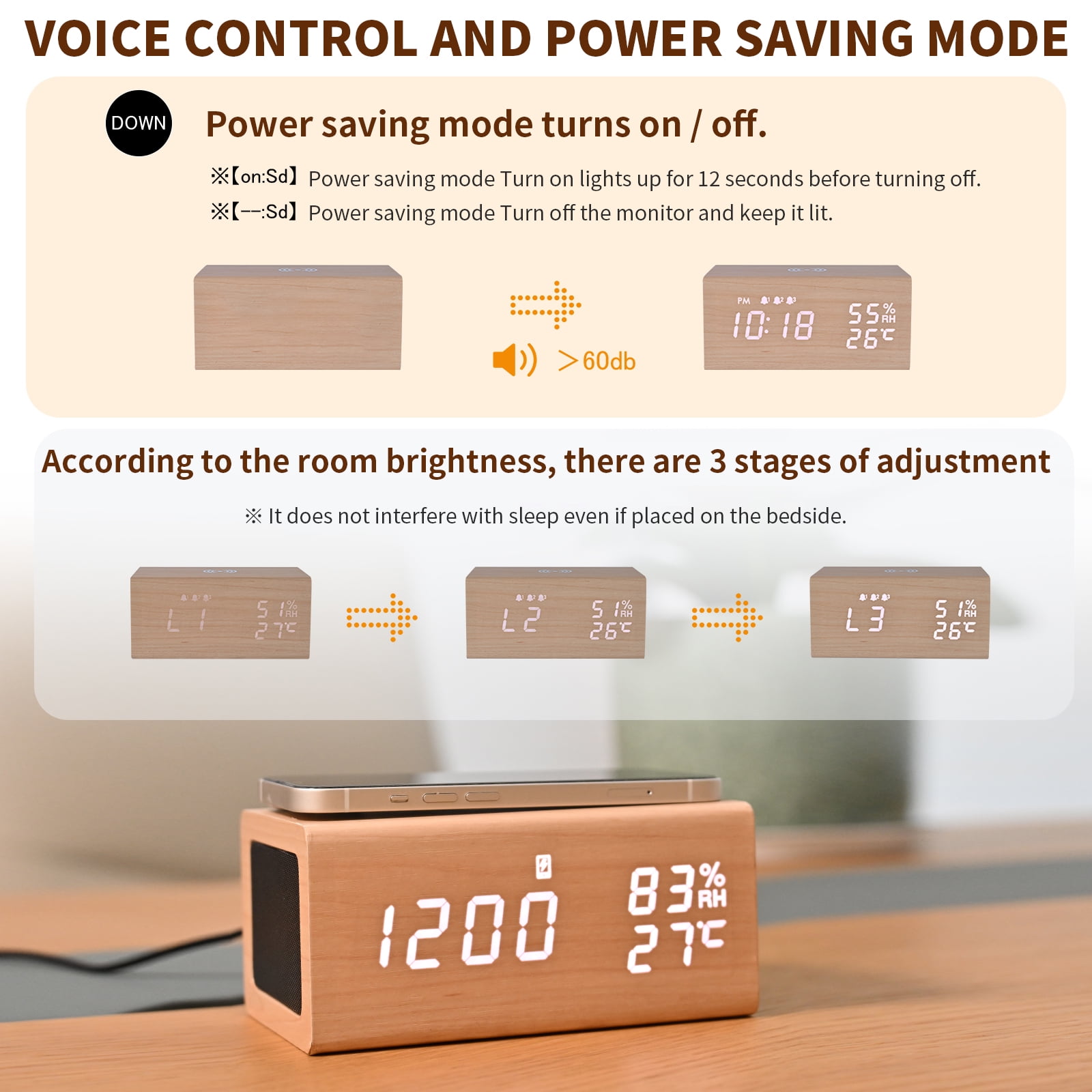 ELECTIME Wooden Digital Alarm Clock with Wireless Charging, Bluetooth Speaker, Temperature, Humidity