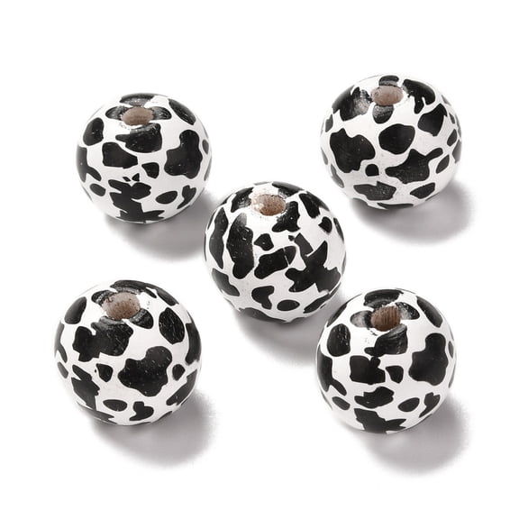 Printed Wood European Beads Large Hole Beads Round with Cow Grain Pattern Dyed Black 16x15mm Hole: 4mm