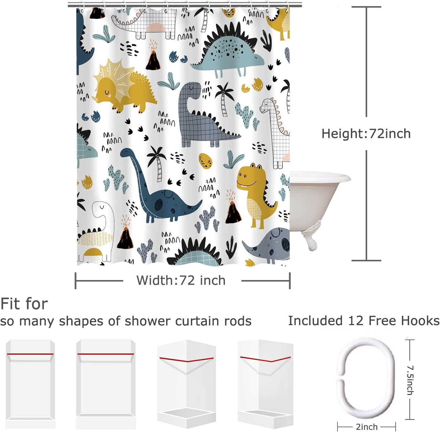Kids Shower Curtain, Girls Shower Curtain, Boys Shower Curtain, Funny Words Teen Motivational Shower Curtains, 72W x 72H inch Extra Long Wide Shower Curtain with Hooks Kids Bathroom Decor