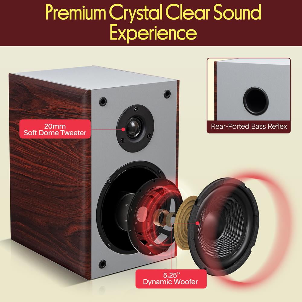 Pyle 5.25” Wired Bookshelf Speakers – Pair of 2-Way HiFi Home Theater Speakers with Wall Mount Brackets, Paper Cone Woofer & Soft Dome Tweeter, Compact Design for Home Audio, Cherry