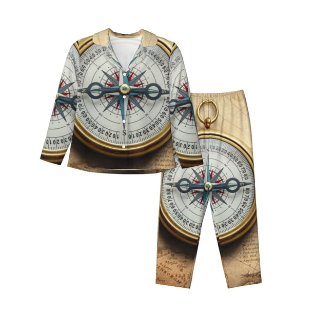 Fotbe Magnetic Old Compass On World Map Conjunto de Pijama de Manga Larga para Mujer con Estampado, Ropa de Dormir de 2 Piezas, Conjunto de Casa Suave y Cómodo con Bolsillos-X-Large