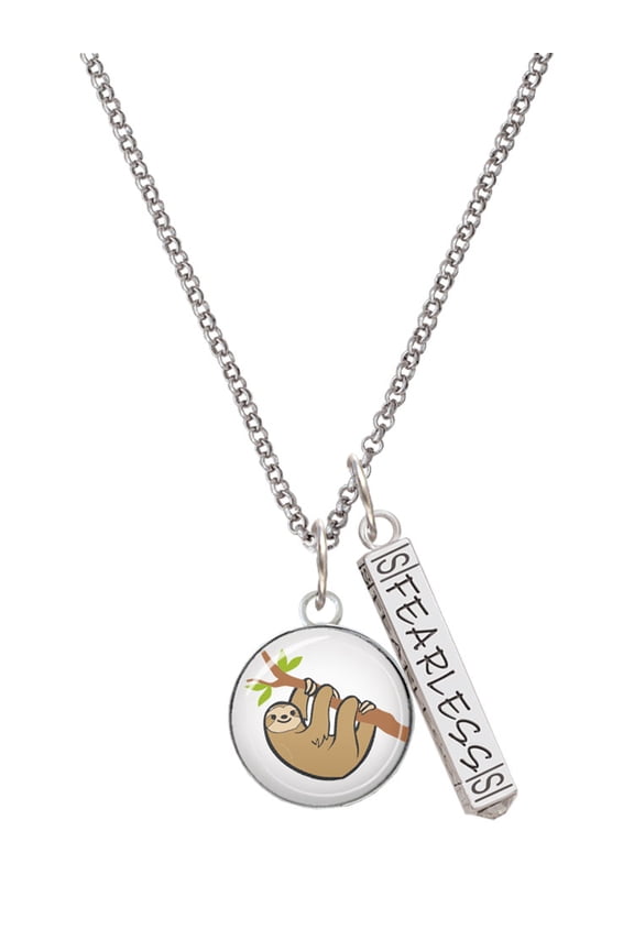 Silvertone Domed Sloth Silvertone Fearless Bar Charm Necklace, 23"