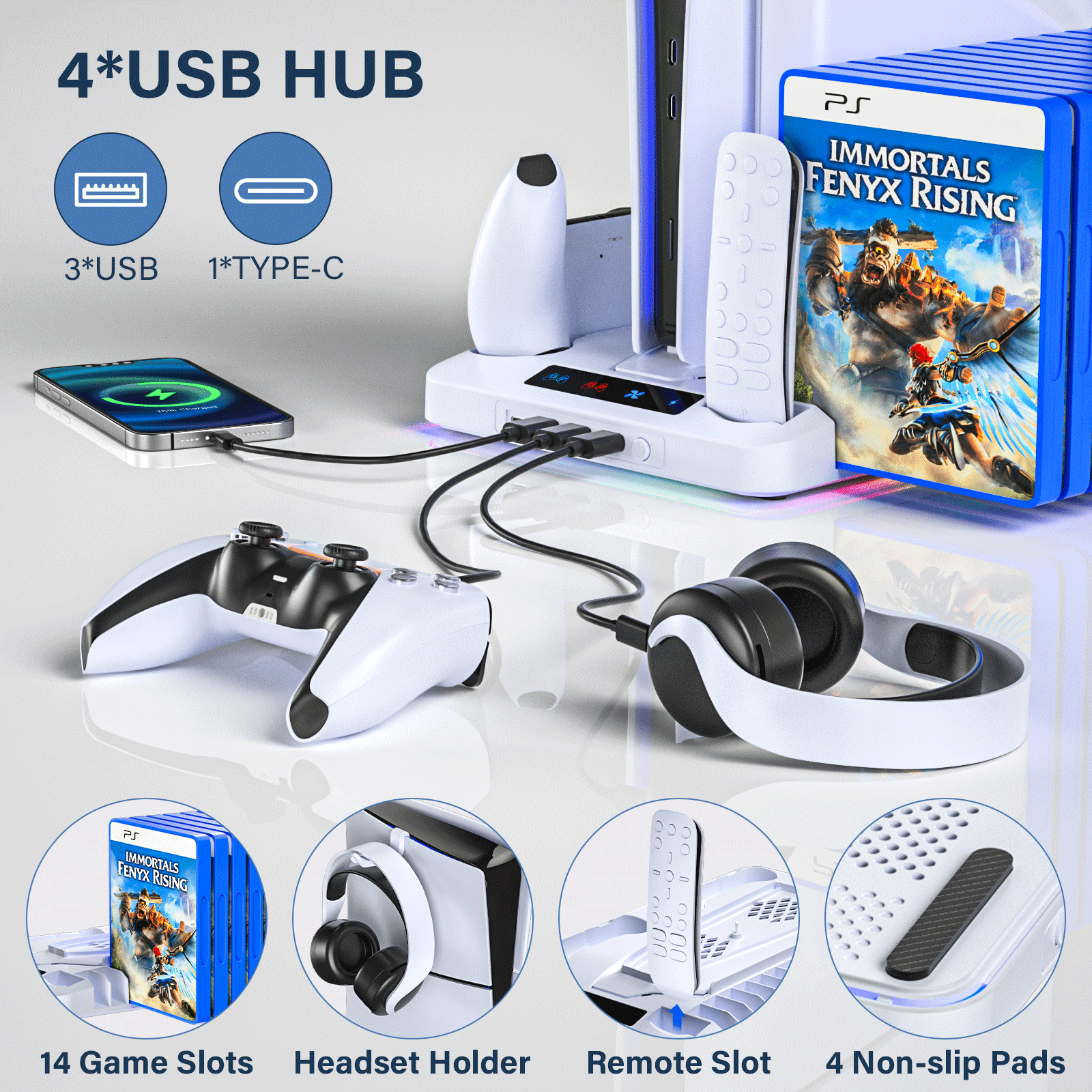 PS5 Stand with Cooling Fan,PS5/PS5 Slim Stand and Cooling Station with Dual Controller Charging Station for PlayStation 5 Console,Controller Charger, Cooling Fan, Headset Holder, 3 USB Hub, White