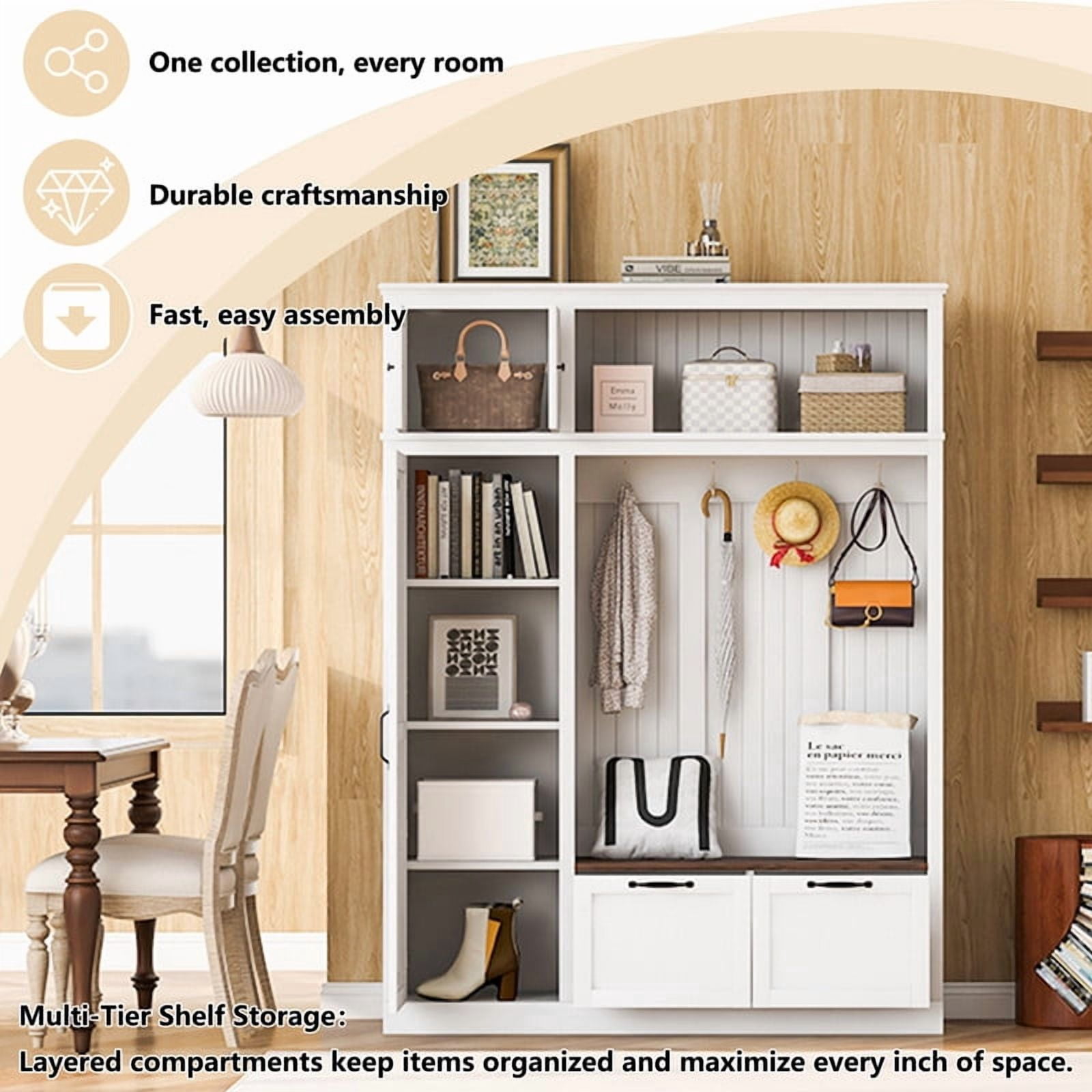 3-in-1 Hall Tree with Storage Cabinet & Adjustable Shelves, Heavy-Duty Storage Bench Entryway Organizer with Hooks & Drawers