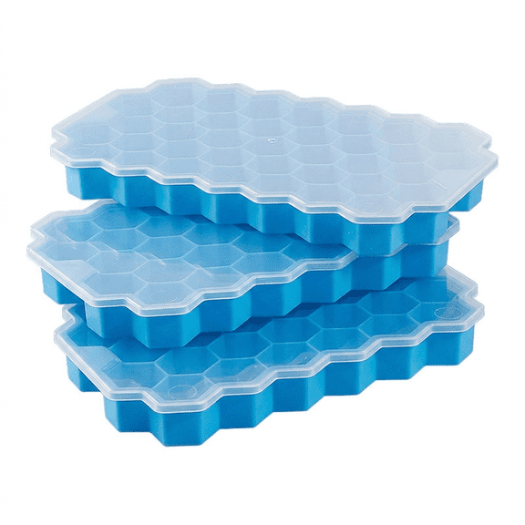 MoHern 3pcs Small Honeycomb Silicone Ice Trays with Removable Lids, Creative DIY Easy Release Ice Cube Molds, Reusable Home Ice Maker Boxes, Blue, 7.1" x 3.9"