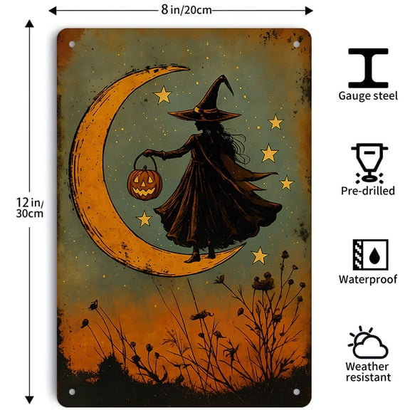 Halloween Witch On Crescent Moon Metal Tin Sign, Vintage Pumpkin Lantern Wall Decor for Porch Patio, 8x12 Inch