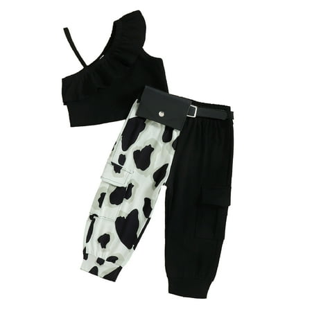 

Summer Toddler Girls Sleeveless Ruffles Tops And Pockets Leopard Patchwork Cargo Pants Belt Waist Bag Outfits