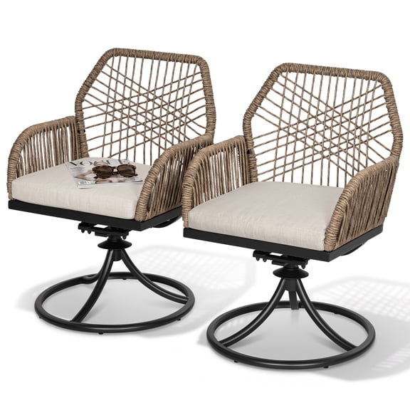 Nuu Garden Patio Swivel Chair Set of 2, Patio Dining Chairs with Handwoven Twisted Rattan Backrest and Beige Cushions, All-Weather Metal Frame Patio Chairs with Curved Armrests, Brown