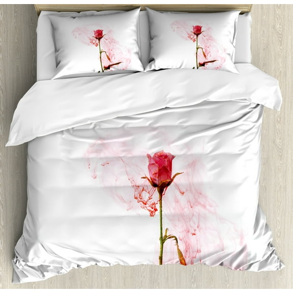 Floral Duvet Cover Set, Delicate Rose Love Depiction Romantic Smoky Art, Decorative 3 Piece Bedding Set with 2 Pillow Shams, Queen Size, Dark Coral Rose, by Ambesonne