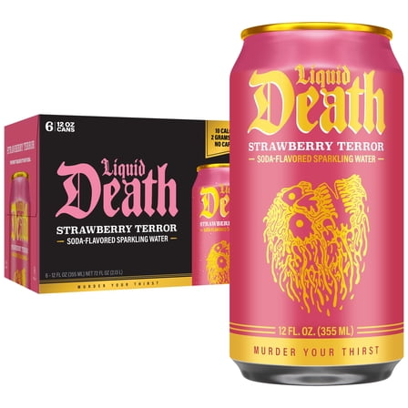 Liquid Death, Strawberry Terror, Soda Flavored Sparkling Water, 6-Pack (12oz Cans), Low Sugar, Huge Flavor & No Artificial Sweeteners