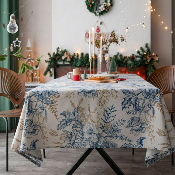 Christmas Rectangle Tablecloth 140*200cm Blue Pine Cone Pattern Cotton Linen Print Table Cloth Washable Stain Resistant Table Cover for Kitchen Dining Party Decor