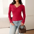 thumbnail image 2 of Women's Fitted Tops V Neck Lace Trim Shirts Long Sleeve Stretchy Soft Lightweight Basic Going Out Versatile Tee, #03 Wine, M, 2 of 6