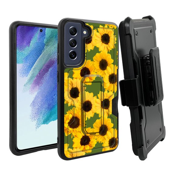 ANJ  Rugged Dual Layer Hybrid Holster Kickstand Case w/ Card Slot   Tempered Glass Cover for Samsung Galaxy S21 FE 5G - Summer Sunflowers