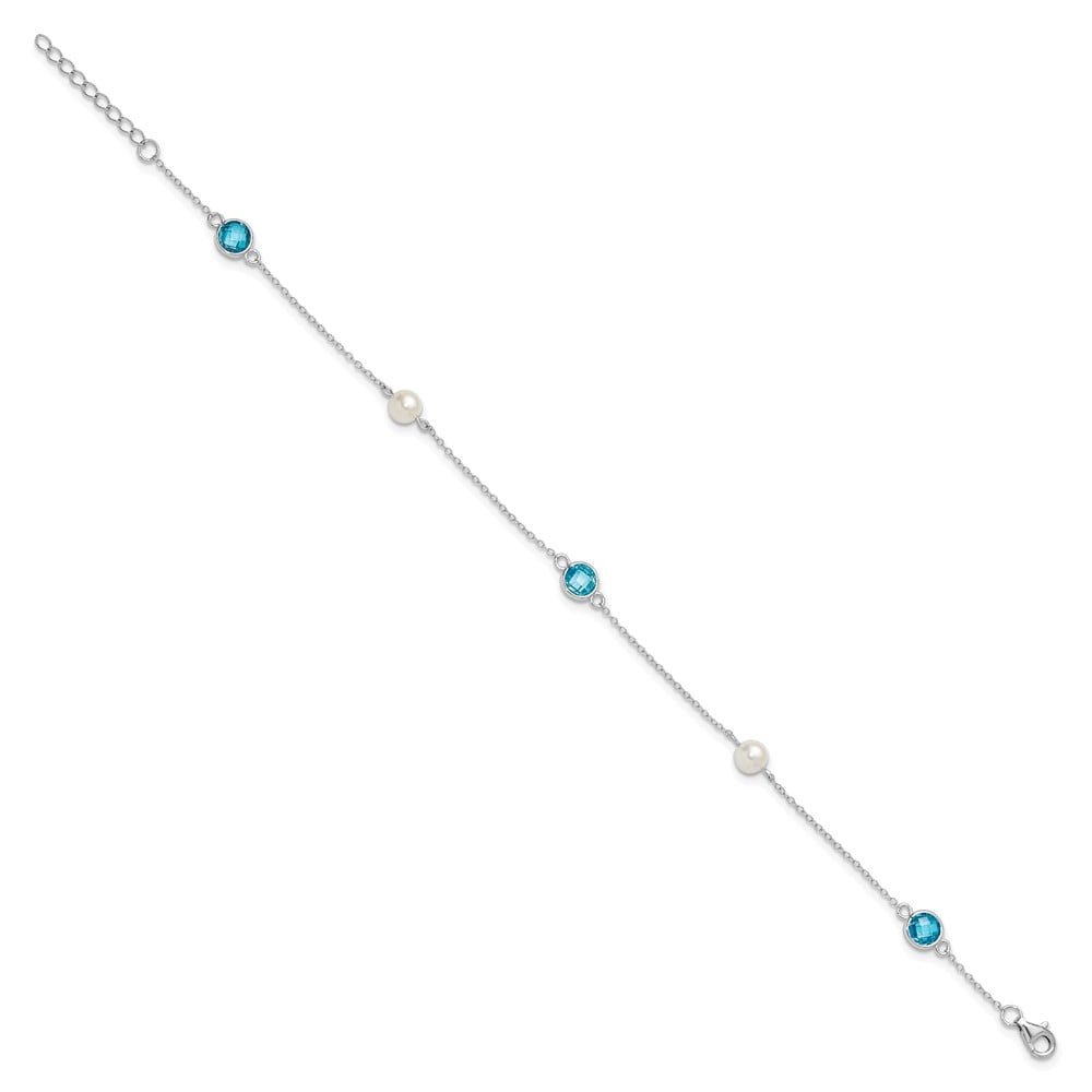 Cheryl M Sterling Silver Rhodium-plated Blue Double Pineapple-cut CZ & White Freshwater Cultured Pearl 5 Station 9 Inch Anklet with 1 Inch Extender