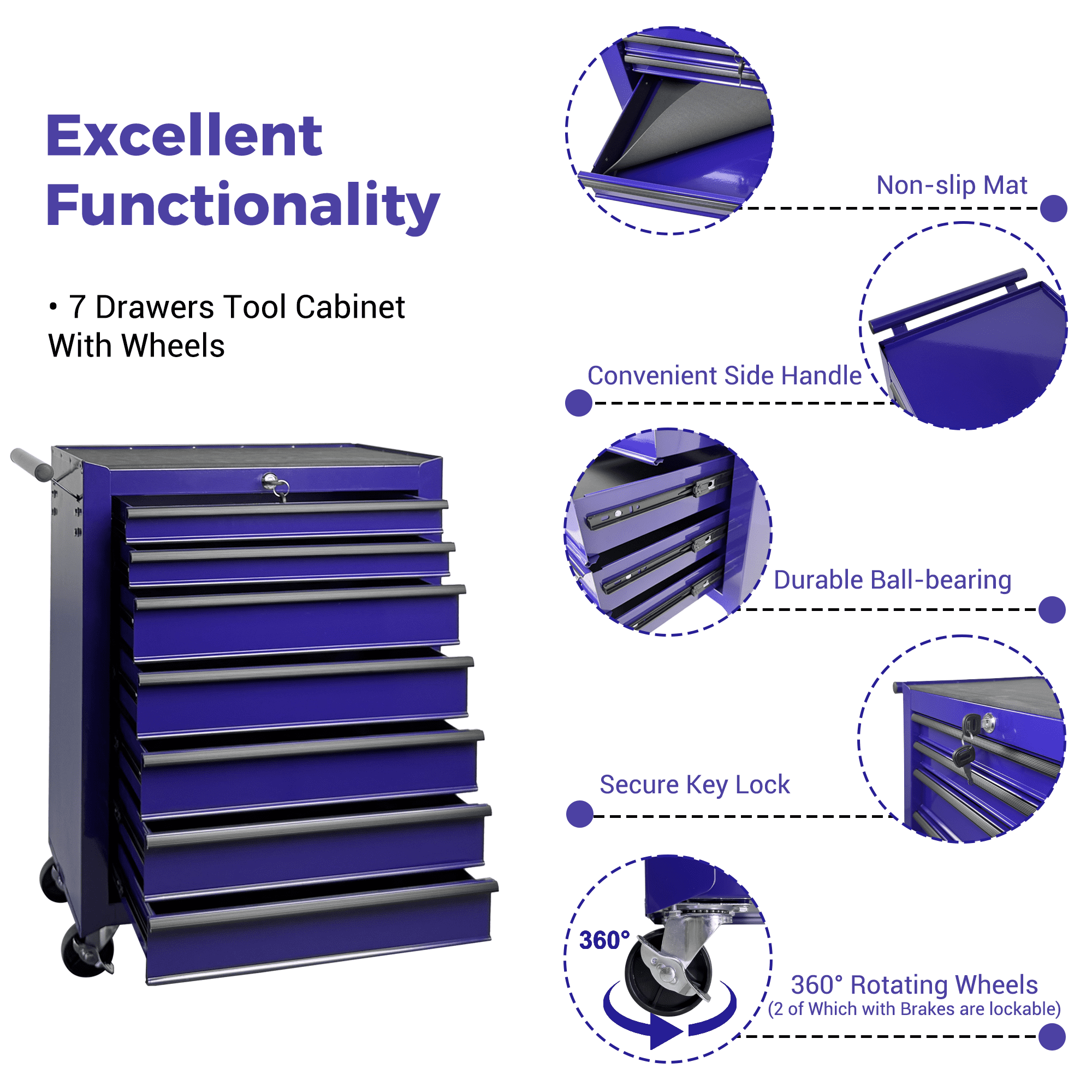 Rolling 20-Inch Metal Tool Chest with 7 Drawers and Ball Bearing Slides, Steel Tool Cabinet for Garage and Workshop, Purple