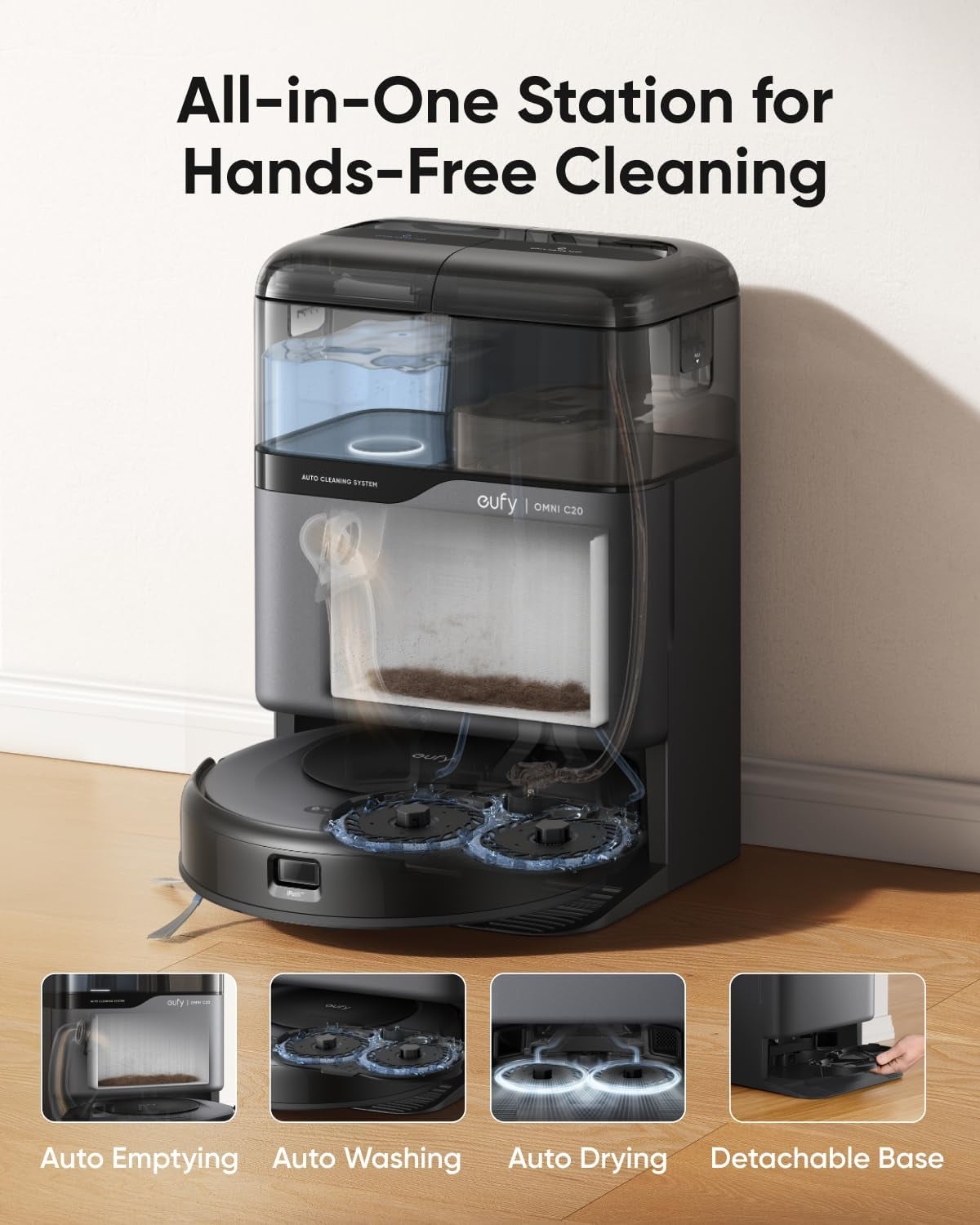 eufy Robot Vacuum and Mop Combo C20 with 6-Pack Large Capacity Dust Bags, All-in-One Station, Auto Mop Washing and Auto Drying for Hands-Free Cleaning,7000 Pa Powerful Suction, Self Emptying