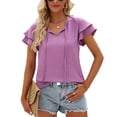 thumbnail image 1 of Mujeres verano Top jacquard cuello redondo doble ruffle manga lazo cuello blusa para damas niñas púrpura S, 1 of 6