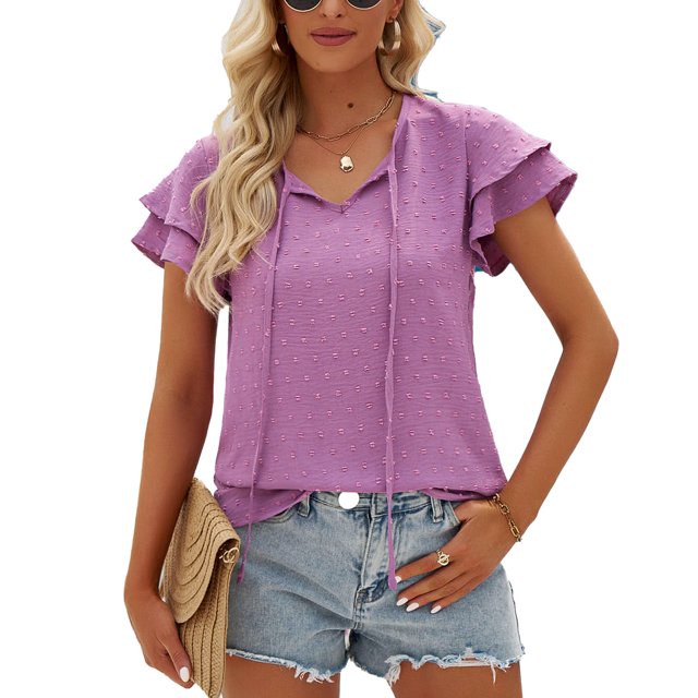 Mujeres verano Top jacquard cuello redondo doble ruffle manga lazo cuello blusa para damas niñas púrpura S